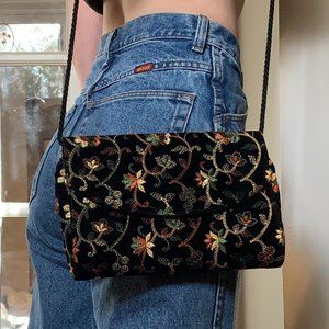 Embroidered Black Floral Velvet Mini Purse